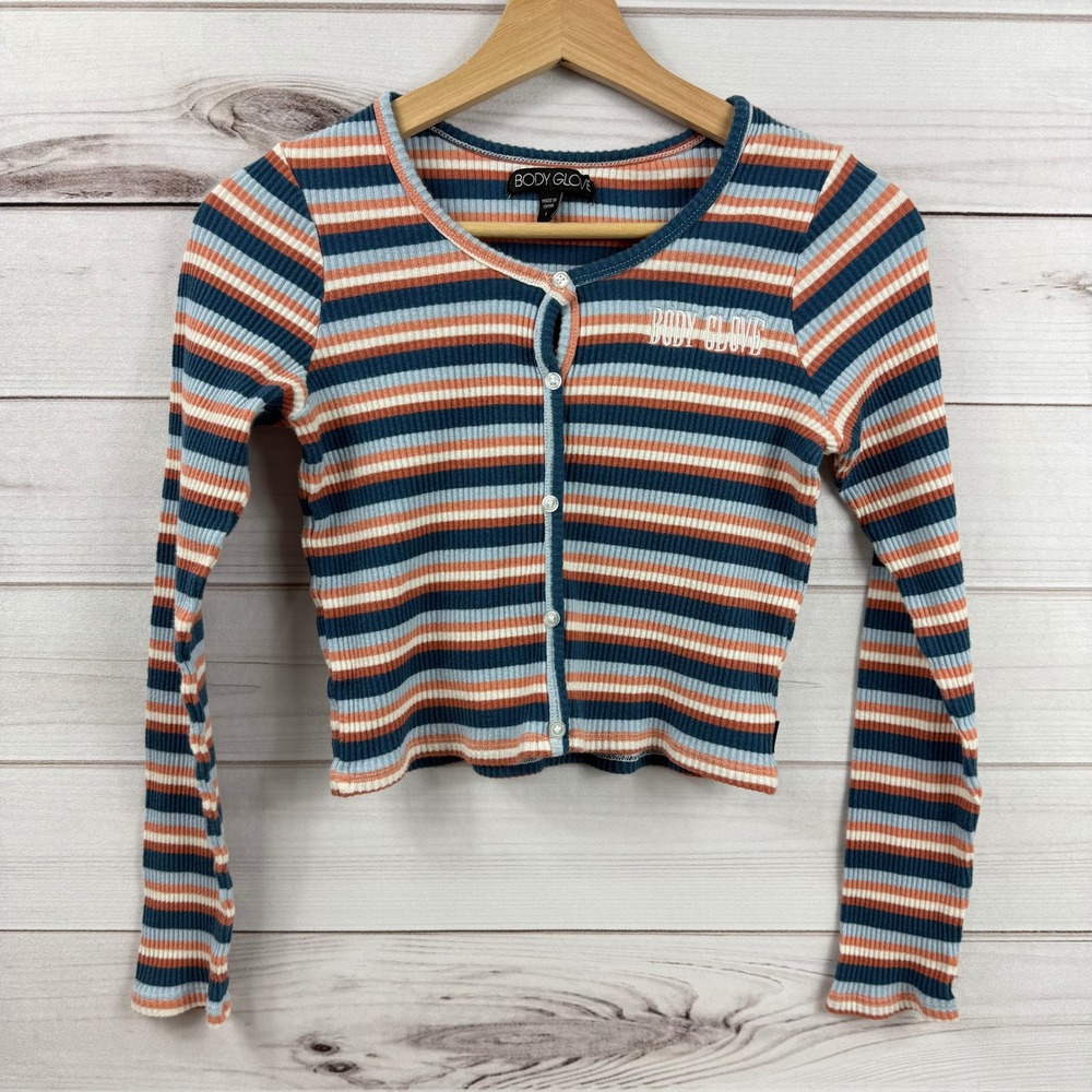 Body Glove Womens L Striped Ribbed Button Front Long‎ Sleeve Crop Top Shirt
